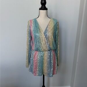 Lovesong Pastel Rainbow Sequin Striped Long Sleeve Romper